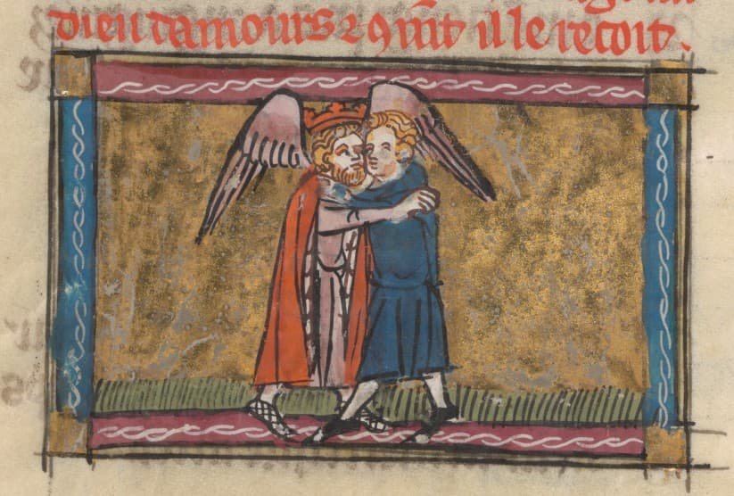 Manuscript illumination of two men embracing